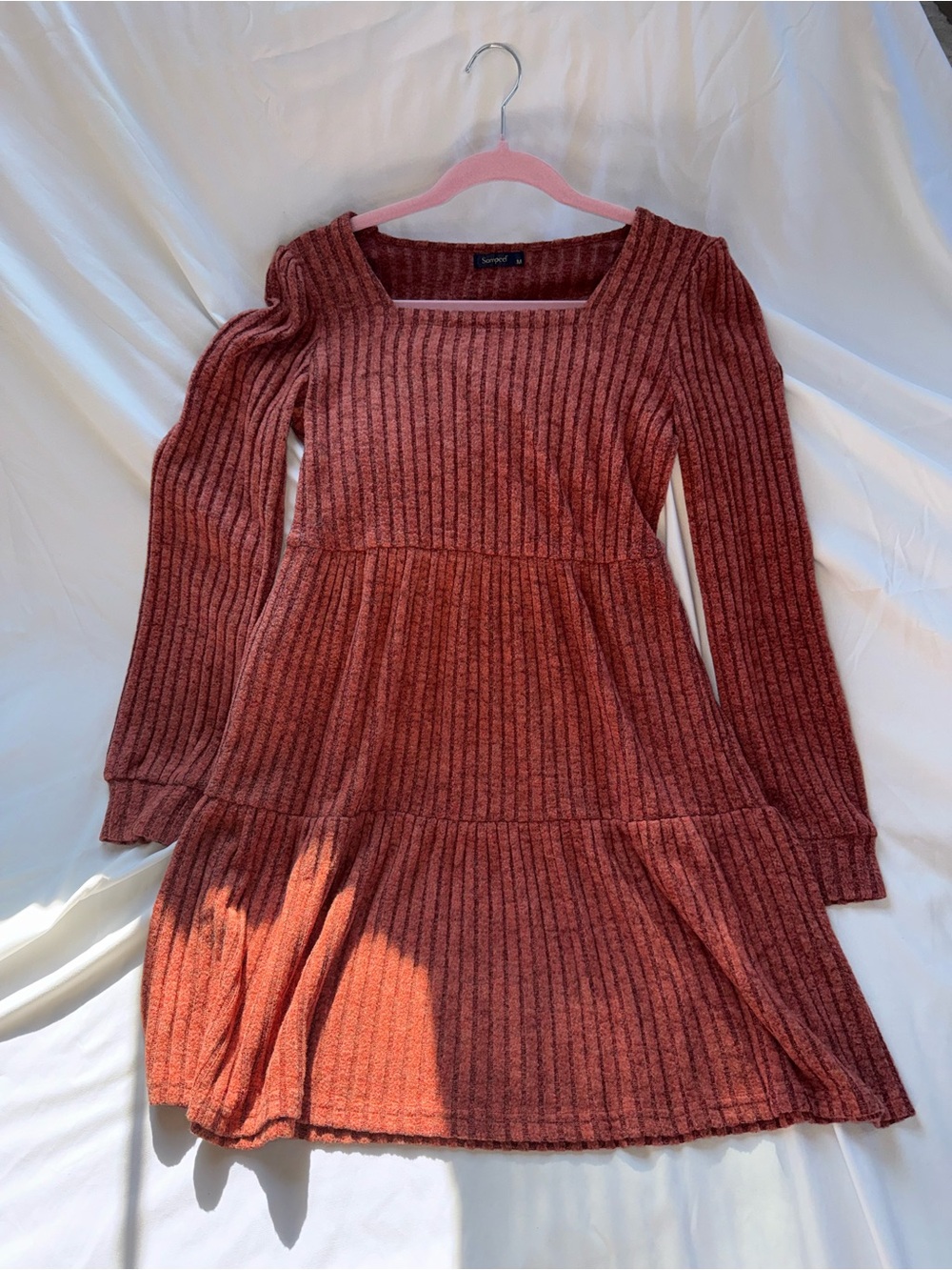 Women Ribbed Long-Sleeve Knit Dress - Rust Pink